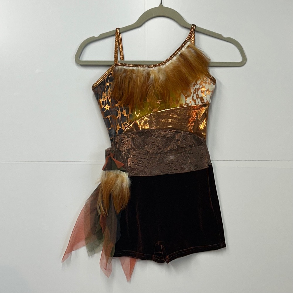 Curtain Call Girls Child Large Dance Costume Bronze Metallic Feather E1812 CLA